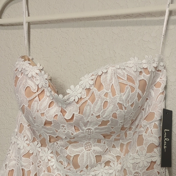 Lulus Key to my Heart white lace nude strapless bodycon midi dress - Picture 8 of 11